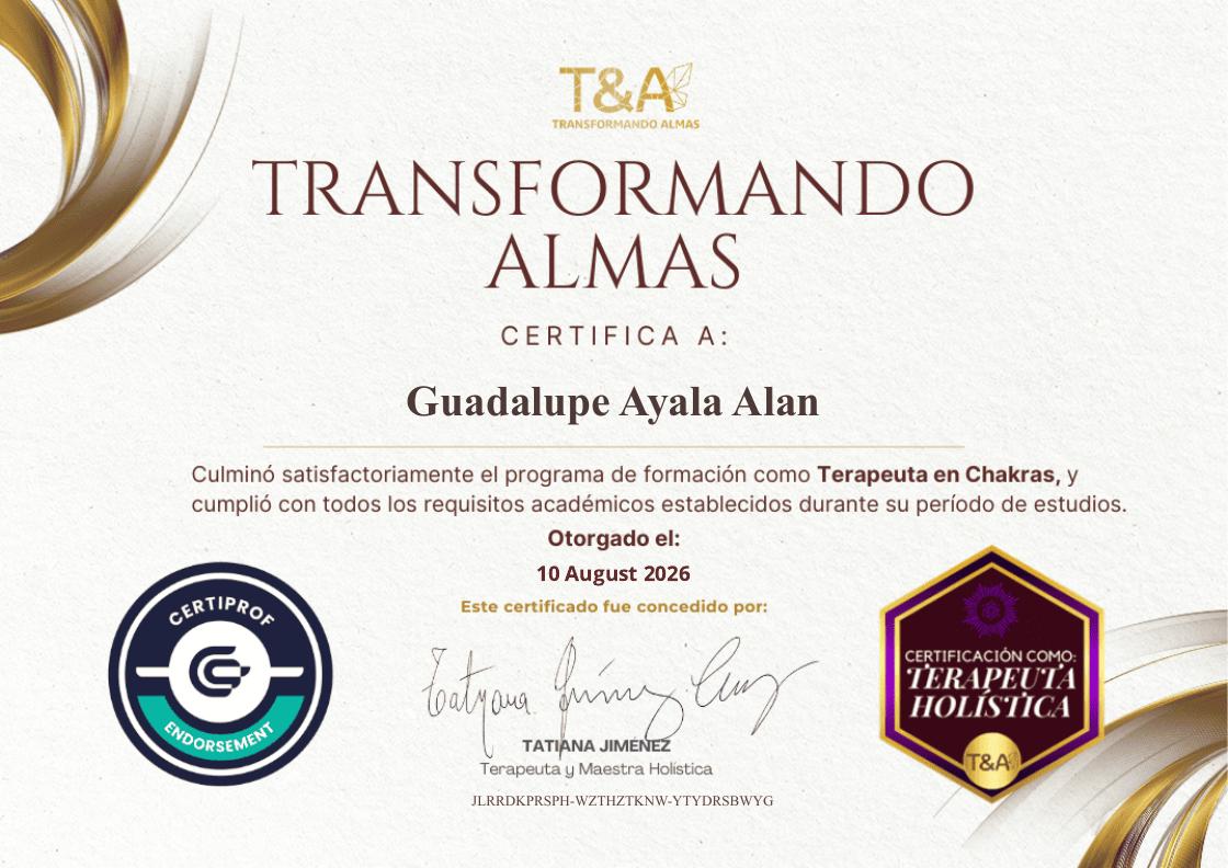 Terapeuta en Chakras (Chakra Therapist) certificate awarded to Guadalupe Ayala Alan